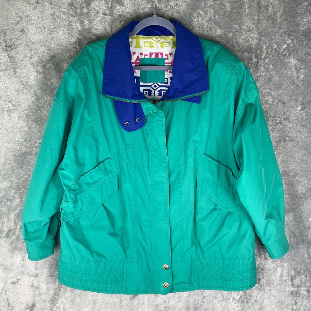 London‎ Fog Windbreaker Jacket Mens M Green Retro 90s Geometric Southwest Lining
